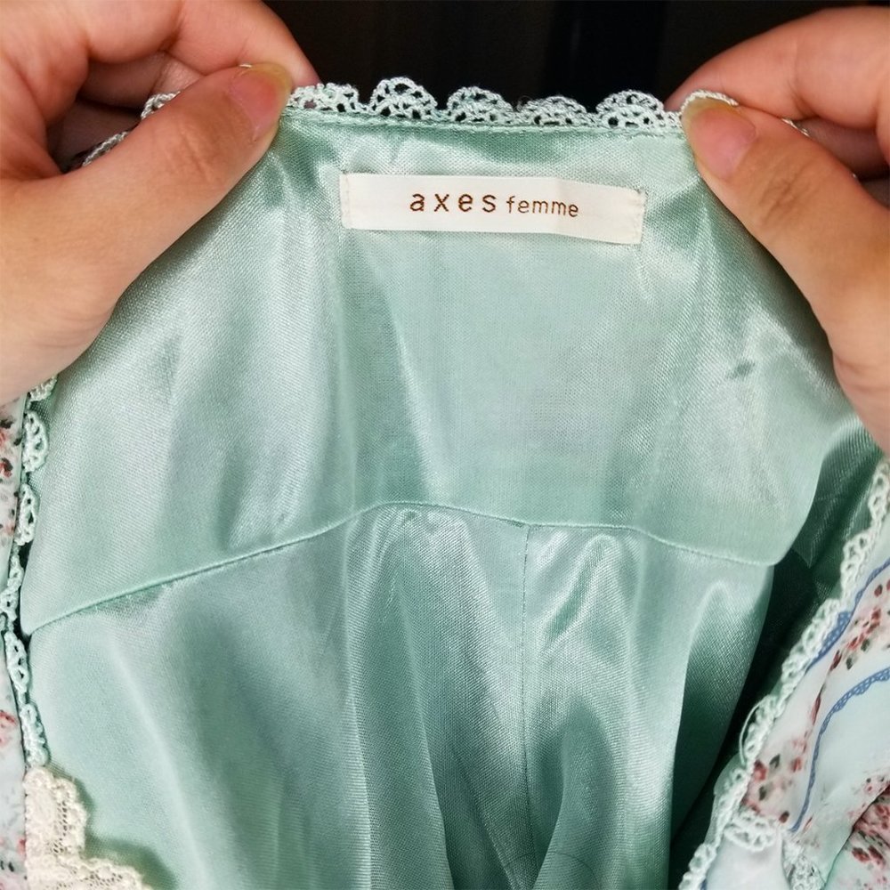 Axes Femme Floral Pastel Blue-Green Dress Lace-Up Chest & Flowing Ruffle Skirt - Picture 5 of 6